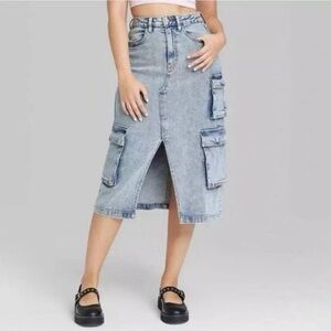 Wild Fable XXS Cargo Pocket Denim Midi Skirt Acid Wash Blue Jean High-Rise Fall